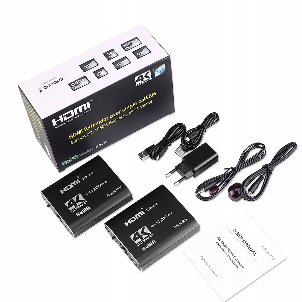 EXTENDER KONWERTER HDMI LAN SKRĘTKA RJ45 120M IR