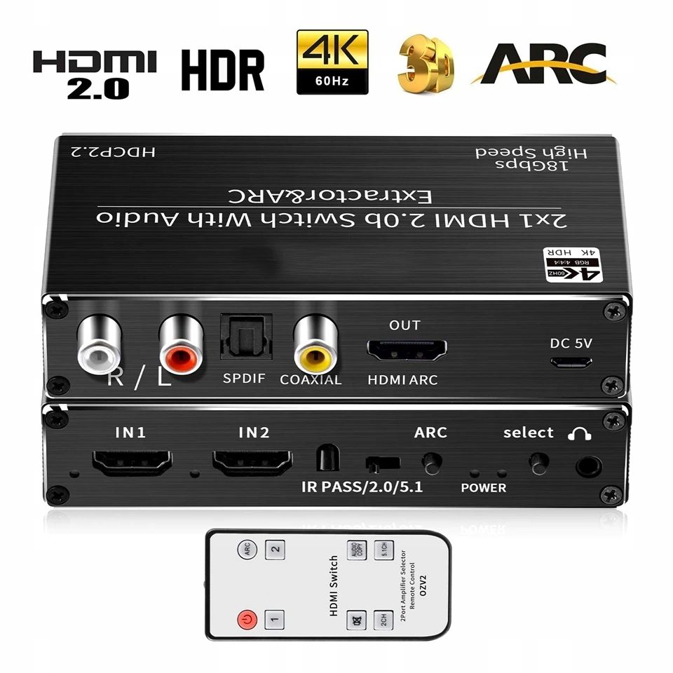 SWITCH HDMI 2.0 2x1 ROZDZIELAC EKSTRAKTOR SPDIF 4K