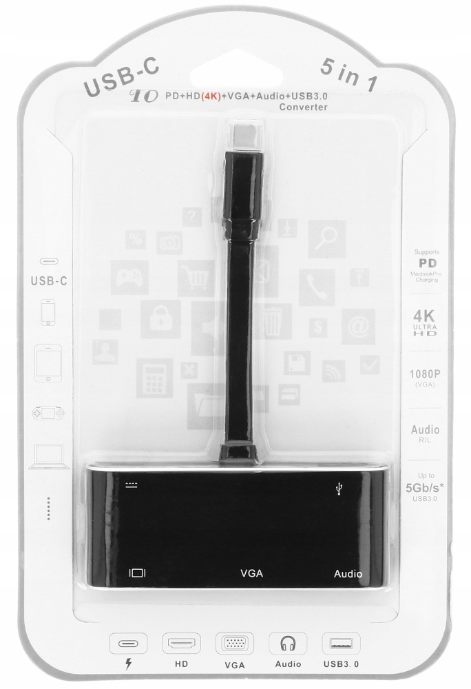 ADAPTER USB C HDMI VGA USB 3.0+PD HUB 5w1 MacBook