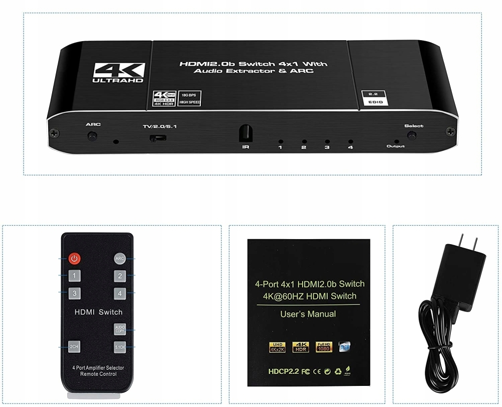 SWITCH HDMI 2.0 4x1 ROZDZIELAC EKSTRAKTOR AUDIO 4K