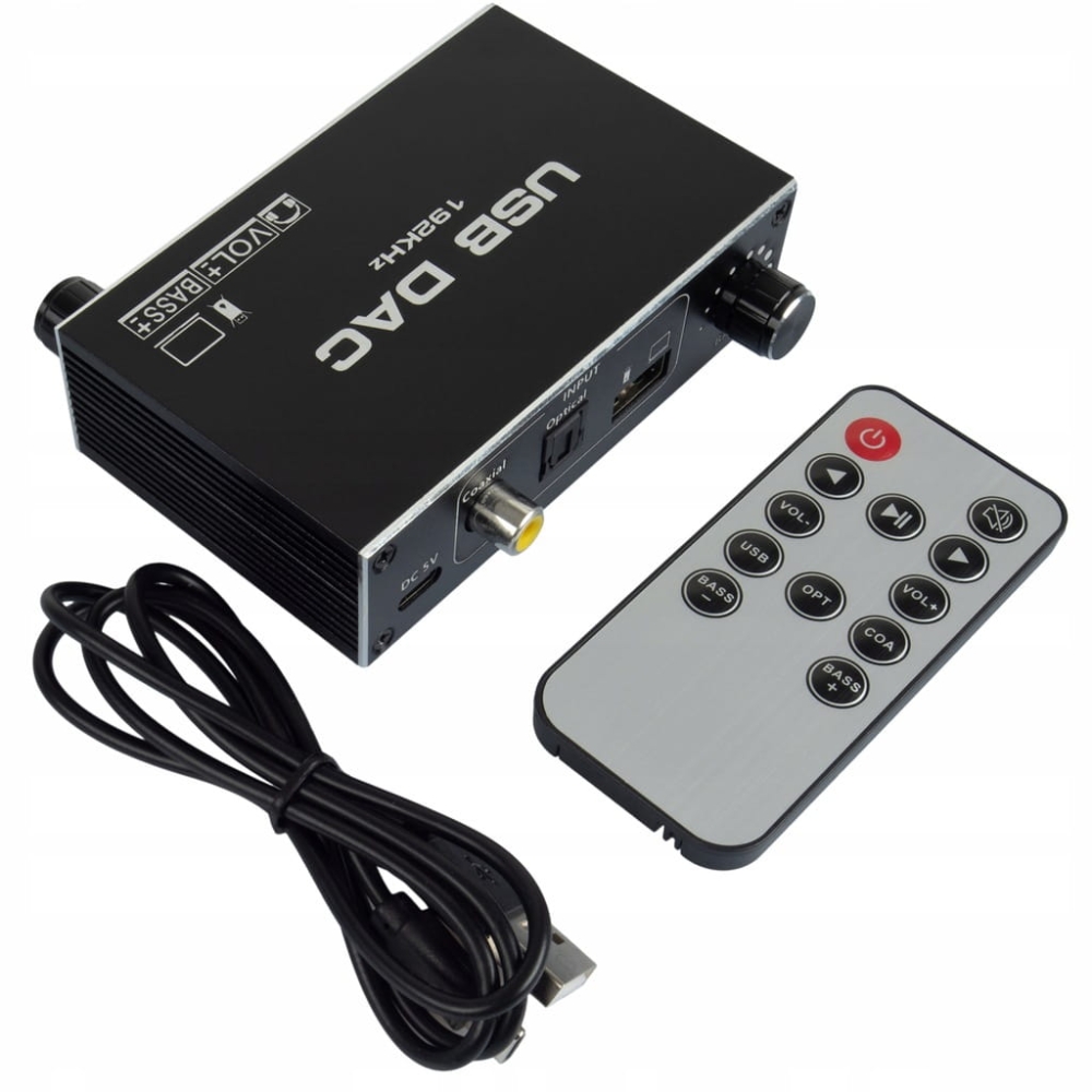 KONWERTER AUDIO USB DAC TOSLINK COAXIAL CINCH AUX WZMACNIACZ REGULACJA BASS
