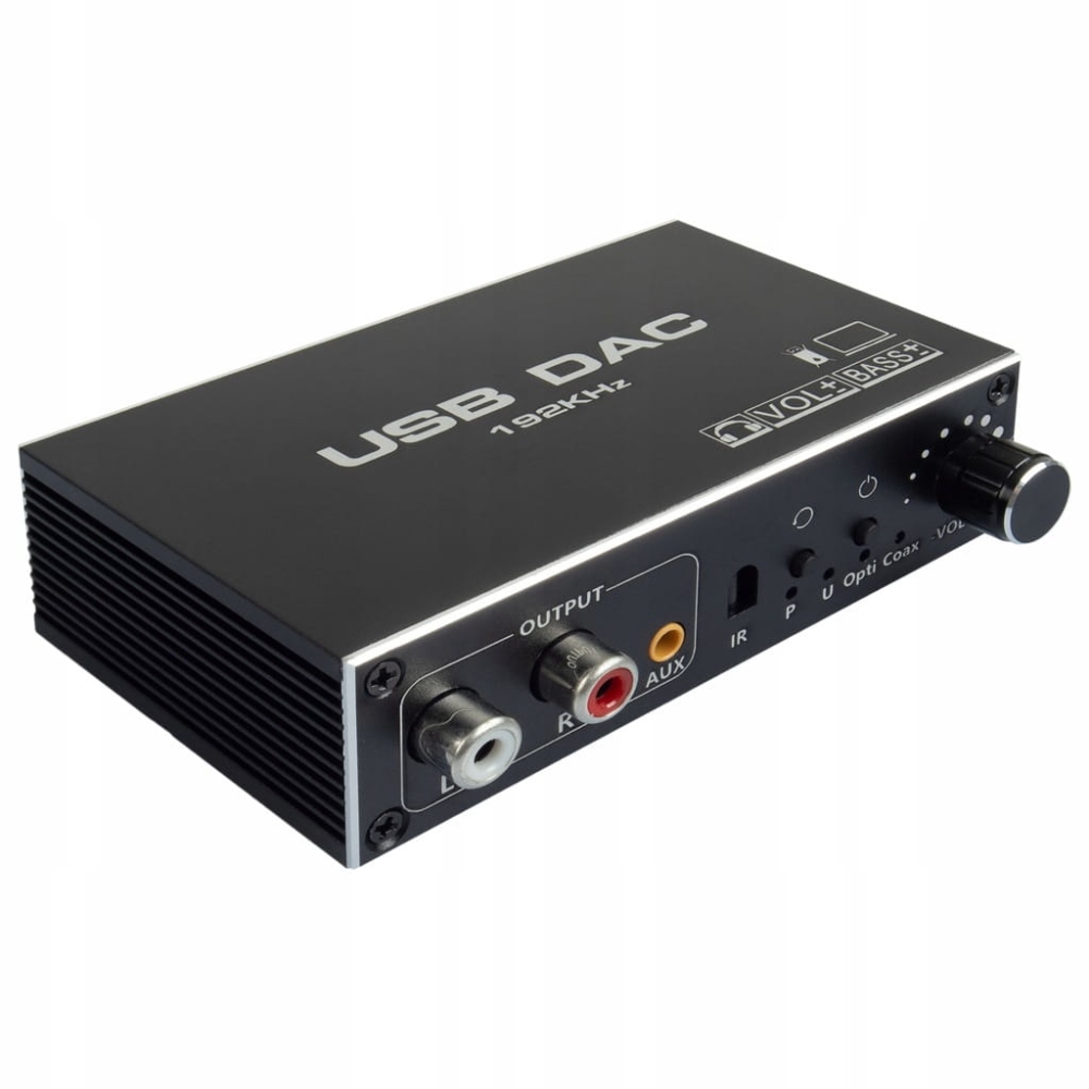 KONWERTER AUDIO USB DAC TOSLINK COAXIAL CINCH AUX WZMACNIACZ REGULACJA BASS