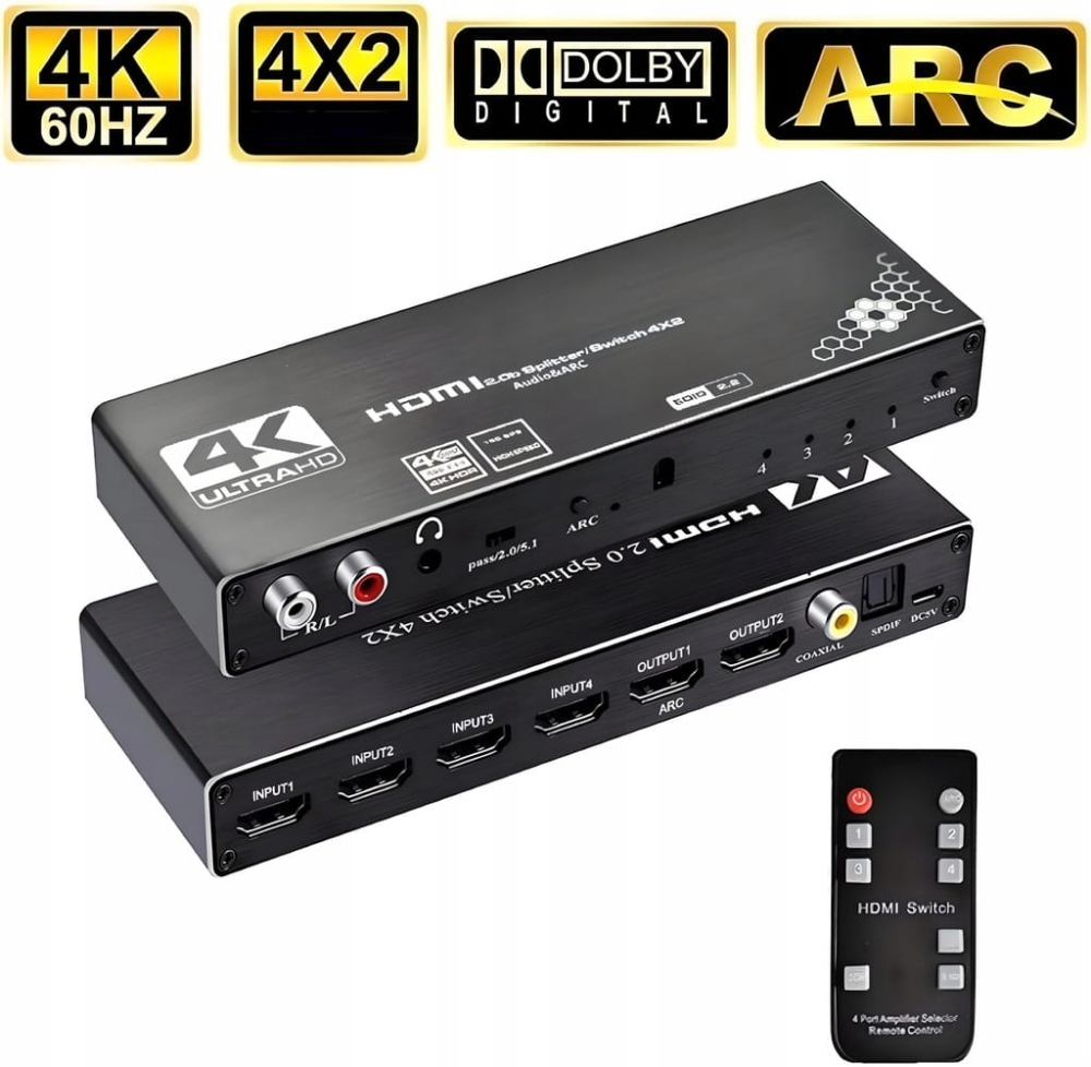 SPLITTER SWITCH HDMI 2.0 4x2 PRZEŁĄCZNIK 4 WEJŚĆ 2 WYJŚĆ ARC CINCH OPTYCZNE
