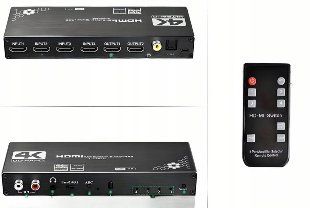SPLITTER SWITCH HDMI 2.0 4x2 PRZEŁĄCZNIK 4 WEJŚĆ 2 WYJŚĆ ARC CINCH OPTYCZNE