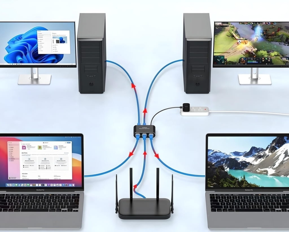 SPLITTER LAN 1x4 ADAPTER ROZDZIELACZ SWITCH 2xRJ45 ETHERNET 1000Mb GIGABIT
