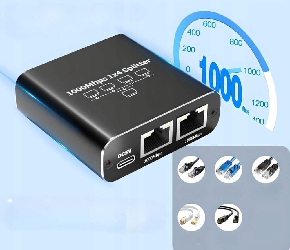 SPLITTER LAN 1x4 ADAPTER ROZDZIELACZ SWITCH 2xRJ45 ETHERNET 1000Mb GIGABIT
