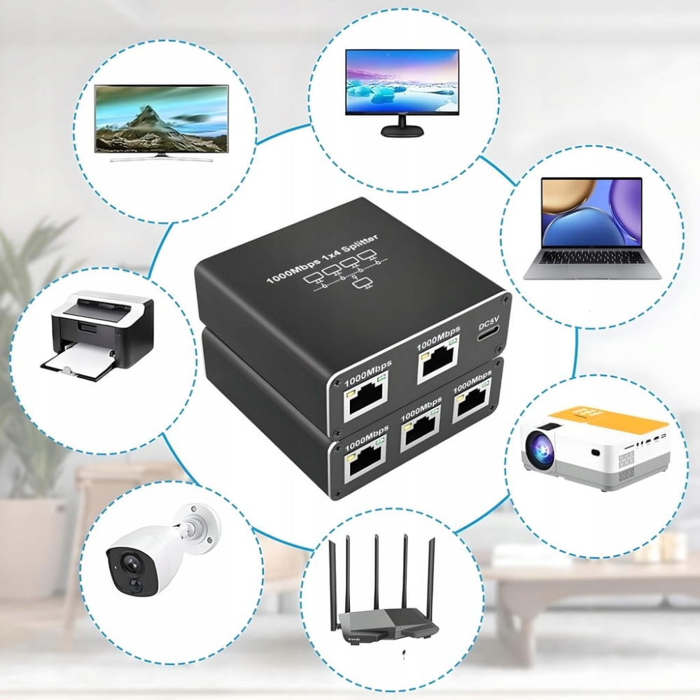 SPLITTER LAN 1x4 ADAPTER ROZDZIELACZ SWITCH 2xRJ45 ETHERNET 1000Mb GIGABIT