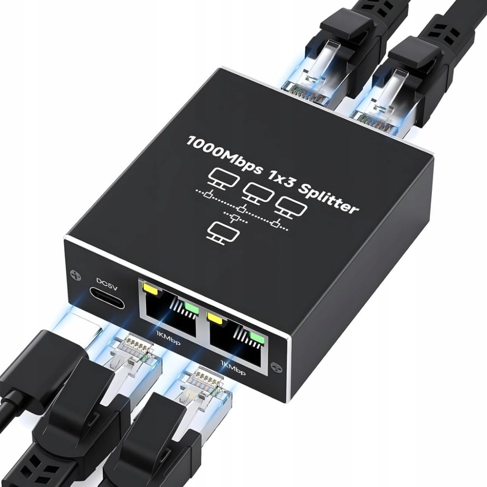 SPLITTER LAN 1x3 ADAPTER ROZDZIELACZ SWITCH 2xRJ45 ETHERNET 1000Mb GIGABIT