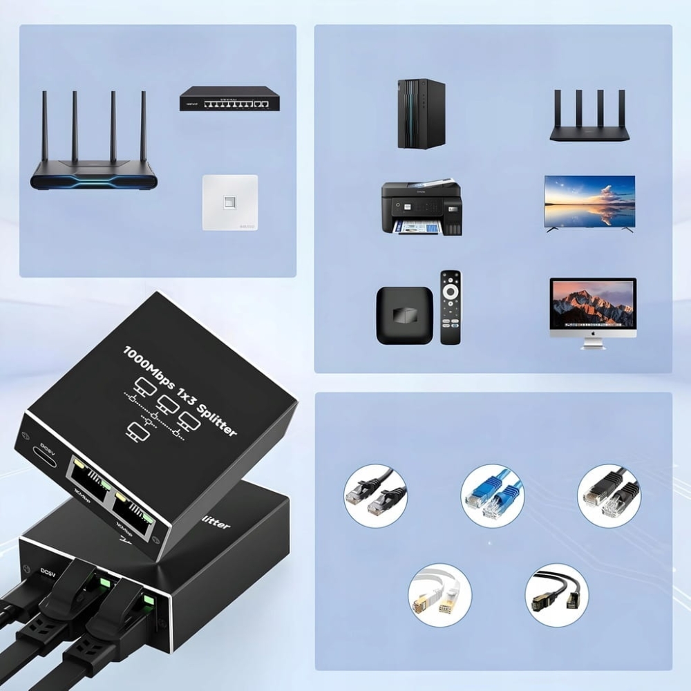 SPLITTER LAN 1x3 ADAPTER ROZDZIELACZ SWITCH 2xRJ45 ETHERNET 1000Mb GIGABIT