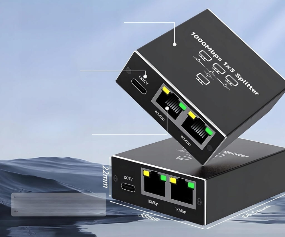 SPLITTER LAN 1x3 ADAPTER ROZDZIELACZ SWITCH 2xRJ45 ETHERNET 1000Mb GIGABIT