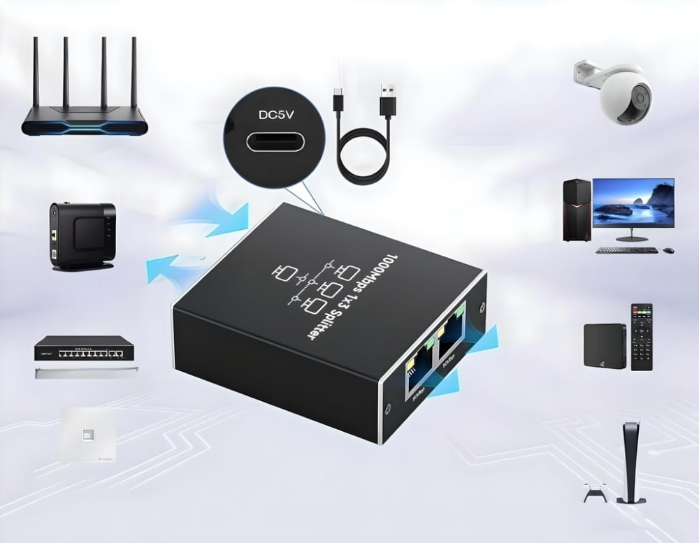 SPLITTER LAN 1x3 ADAPTER ROZDZIELACZ SWITCH 2xRJ45 ETHERNET 1000Mb GIGABIT