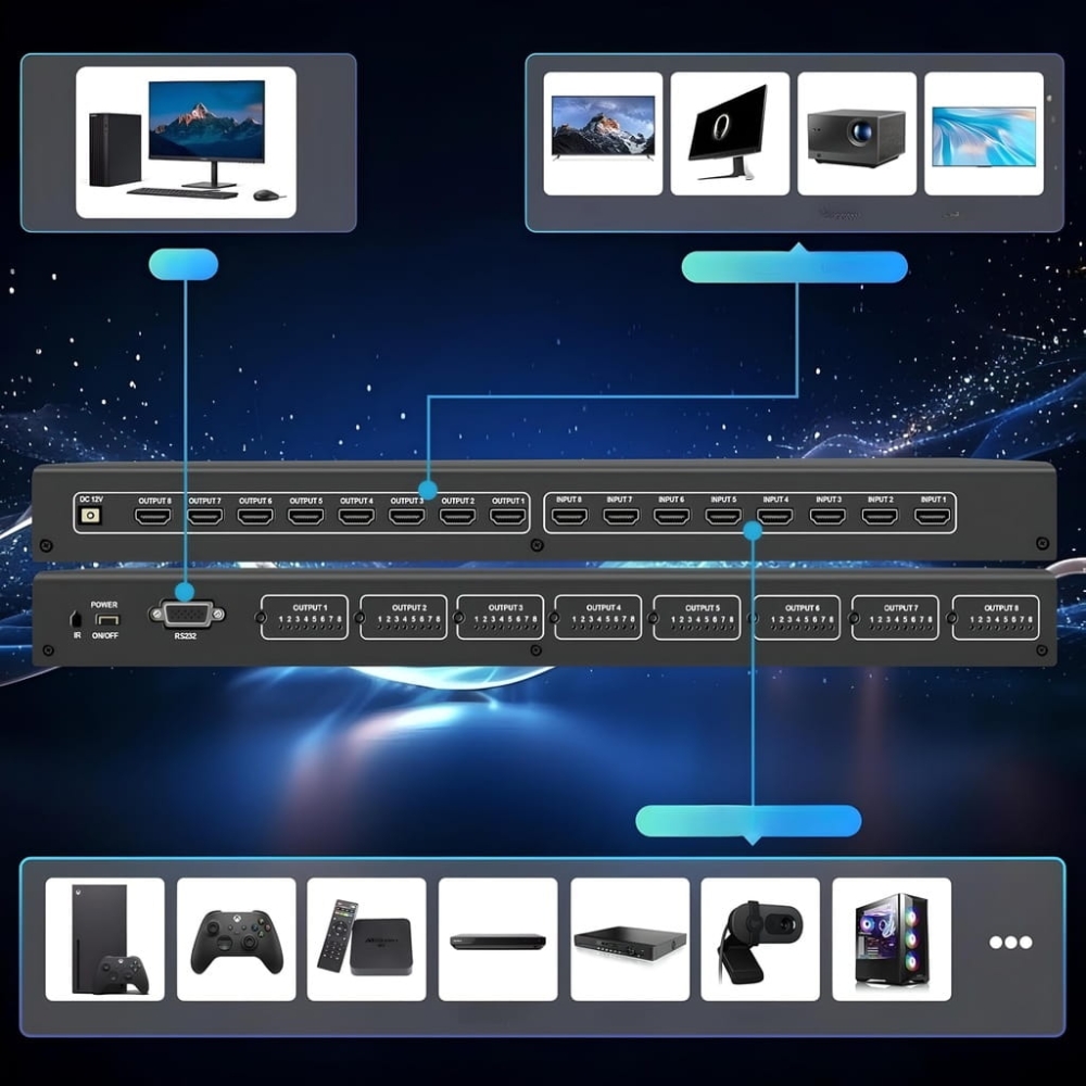 MATRIX HDMI 2.0 8x8 PRZEŁĄCZNIK SWITCH HDCP 2.2 RS232 8 WEJŚĆ - 8 WYJŚĆ