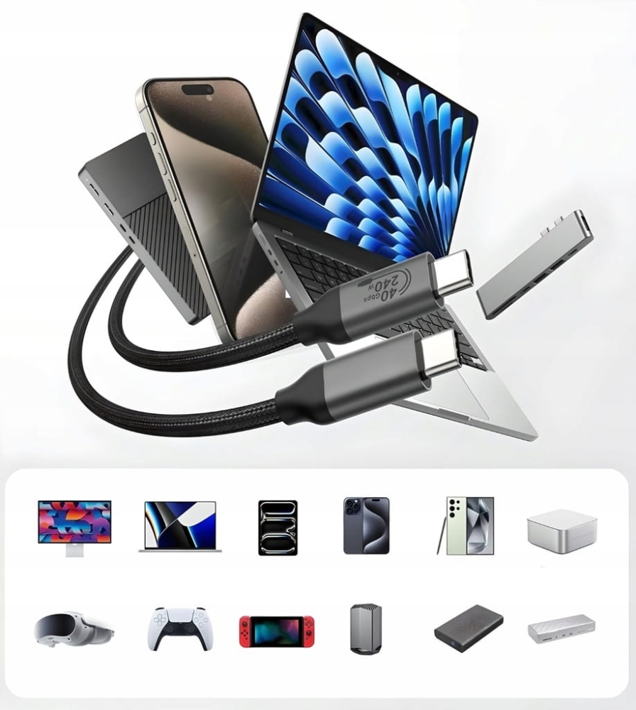 KABEL USB4 Thunderbolt 4 240W 40Gbps 120Hz PRZEWÓD USB C NYLON OPLOT 1,5M