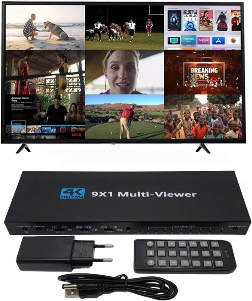 DZIELNIK OBRAZU HDMI 9x1 MULTI VIEWER PRZEŁĄCZNIK 9x1 Rozdzielacz 4K PILOT