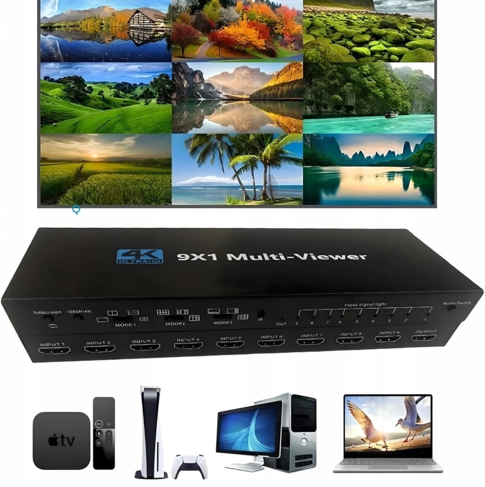 DZIELNIK OBRAZU HDMI 9x1 MULTI VIEWER PRZEŁĄCZNIK 9x1 Rozdzielacz 4K PILOT