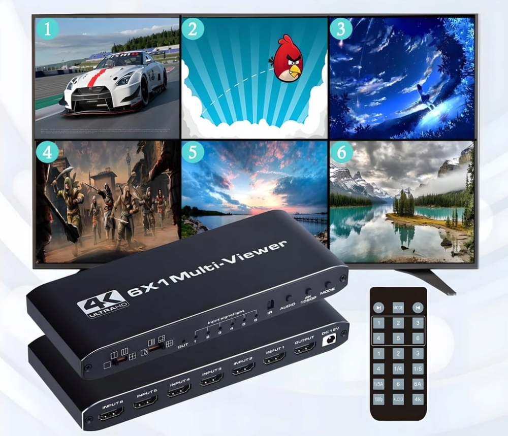Switch HDMI Multi Viewer 6x1 Rozdzielacz Przełącznik 4K Dzielnik + Pilot