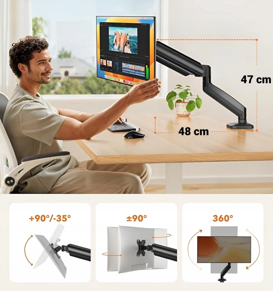 Uchwyt ramię do monitora 17–49” Gazowe 10kg VESA 75x75 100x100 Regulowany