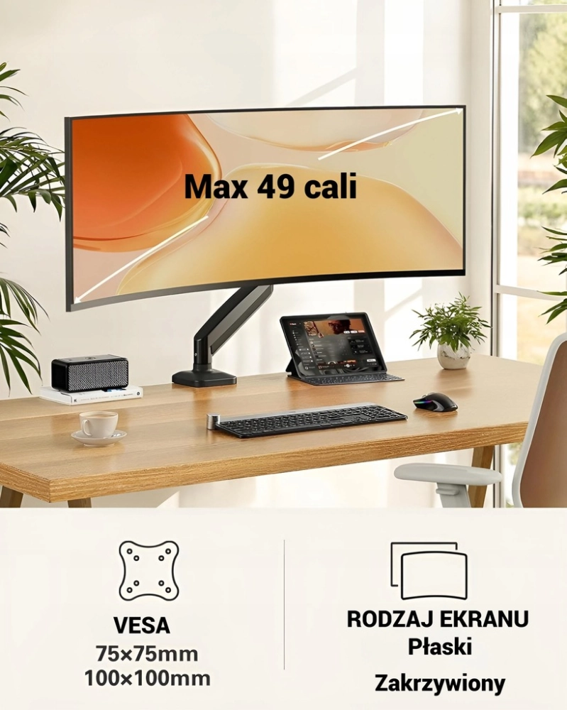 Uchwyt ramię do monitora 17–49” Gazowe 10kg VESA 75x75 100x100 Regulowany